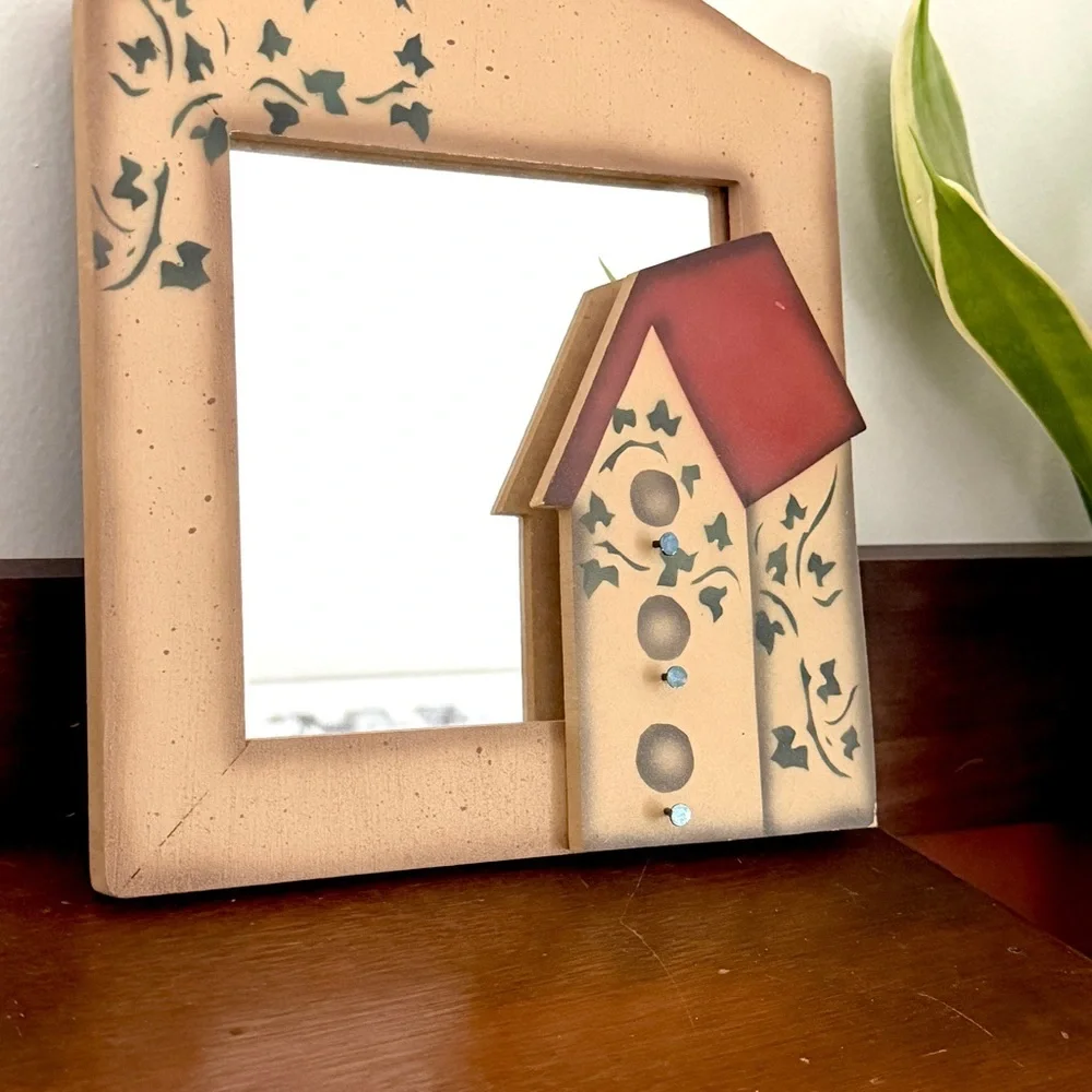 Vintage Bird House Mirror Bird Feeder Ivy Painted Wall Hanging Cottagecore Boho